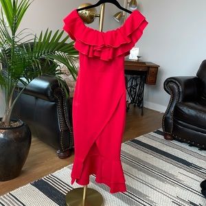 Nasty Gal In The Evening Ruffle Dress Red Leg Slit